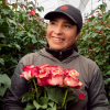 TESSA employee holding a bouquet of pink roses in greenhouse